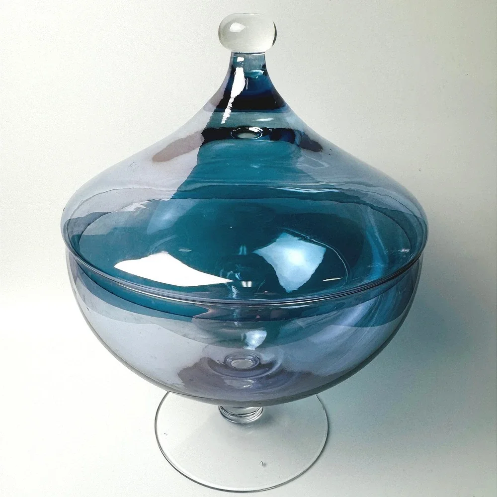 Vintage Empoli Style Blue Blown Glass Covered Compote Pedestal Candy Dish MCM